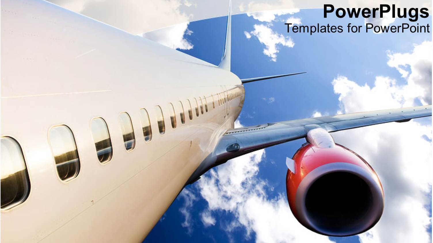 Airplane with Red Engine Flying in Blue Cloudy Sky