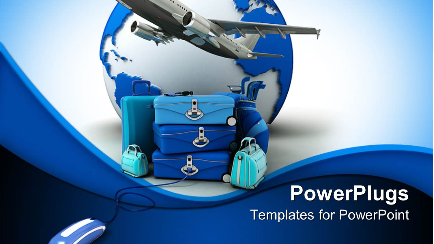 Airplane Taking off a Pile of Luggage Beside Earth and Computer Mouse