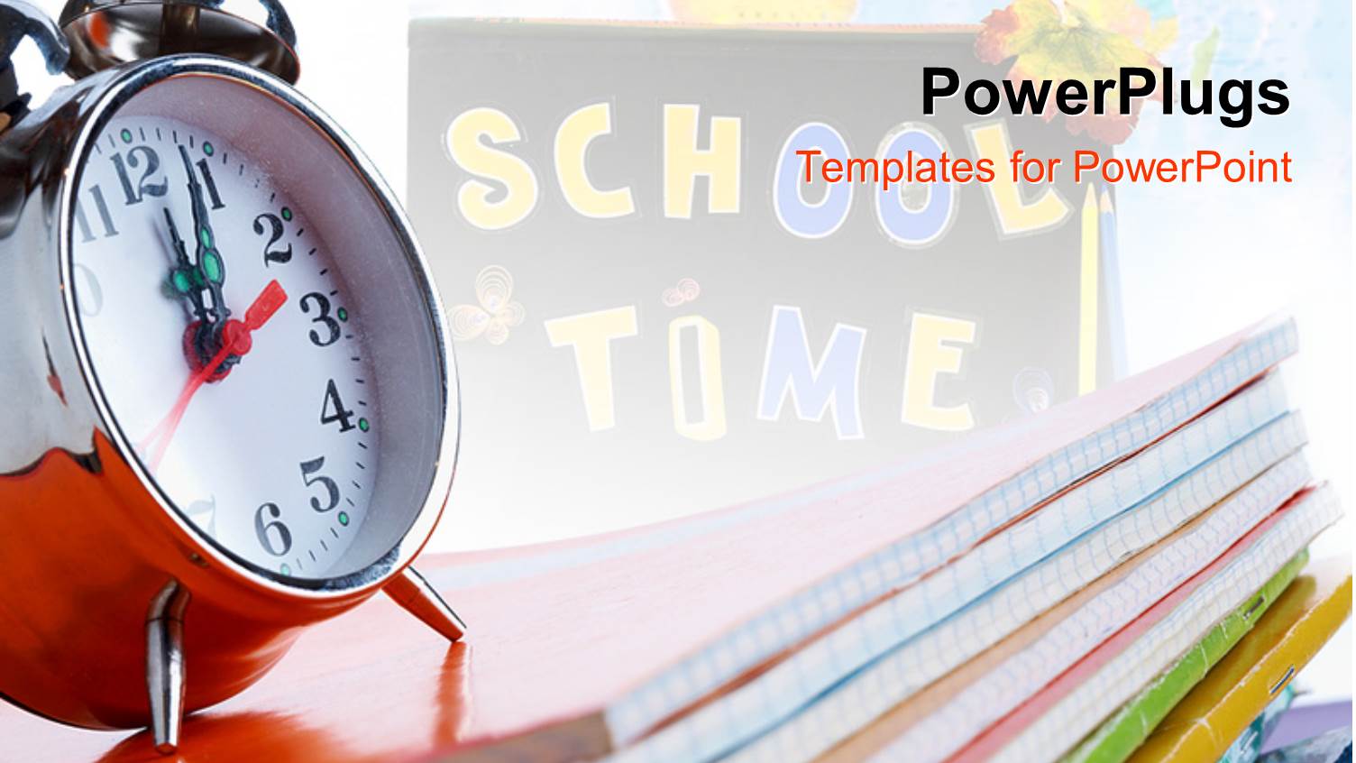 Alarm Clock Over Pile of Notebooks with SCHOOL TIME on Chalkboard