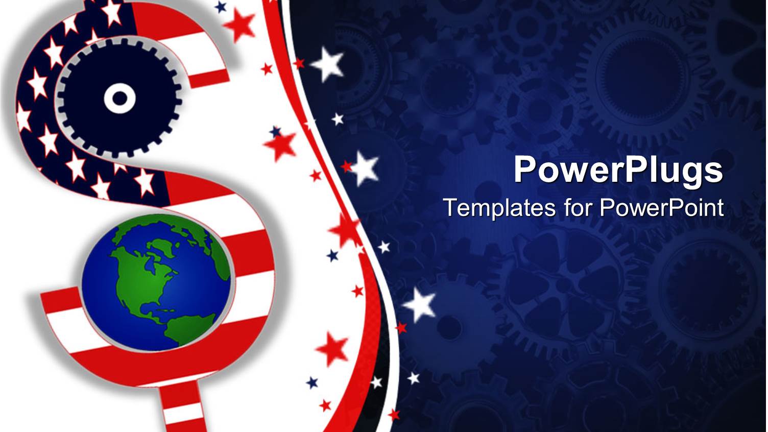 American Economy Metaphor with Red, White and Blue Flag Dollar Sign, Earth, Blue Gear Background