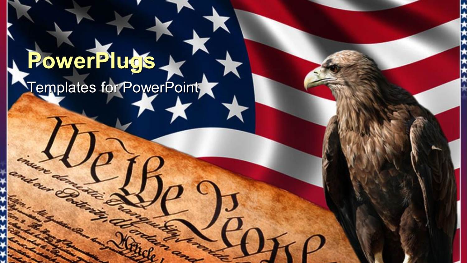 American Flag Behind Close up of Constitution and Posed Bald Eagle, USA, Patriotism