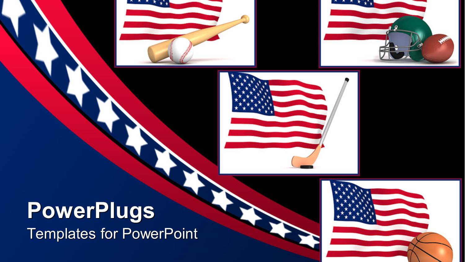 American Flags Next to Baseball, Football, Basketball, and Hockey Gear