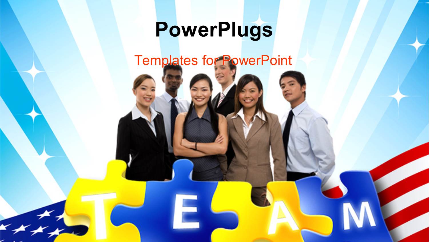 American Team Standing Together with a Puzzle and Flag, Blue Glowing Shades