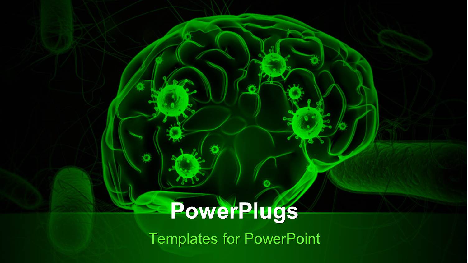 Anatomy Depiction of a Human Brain with Viruses in Green