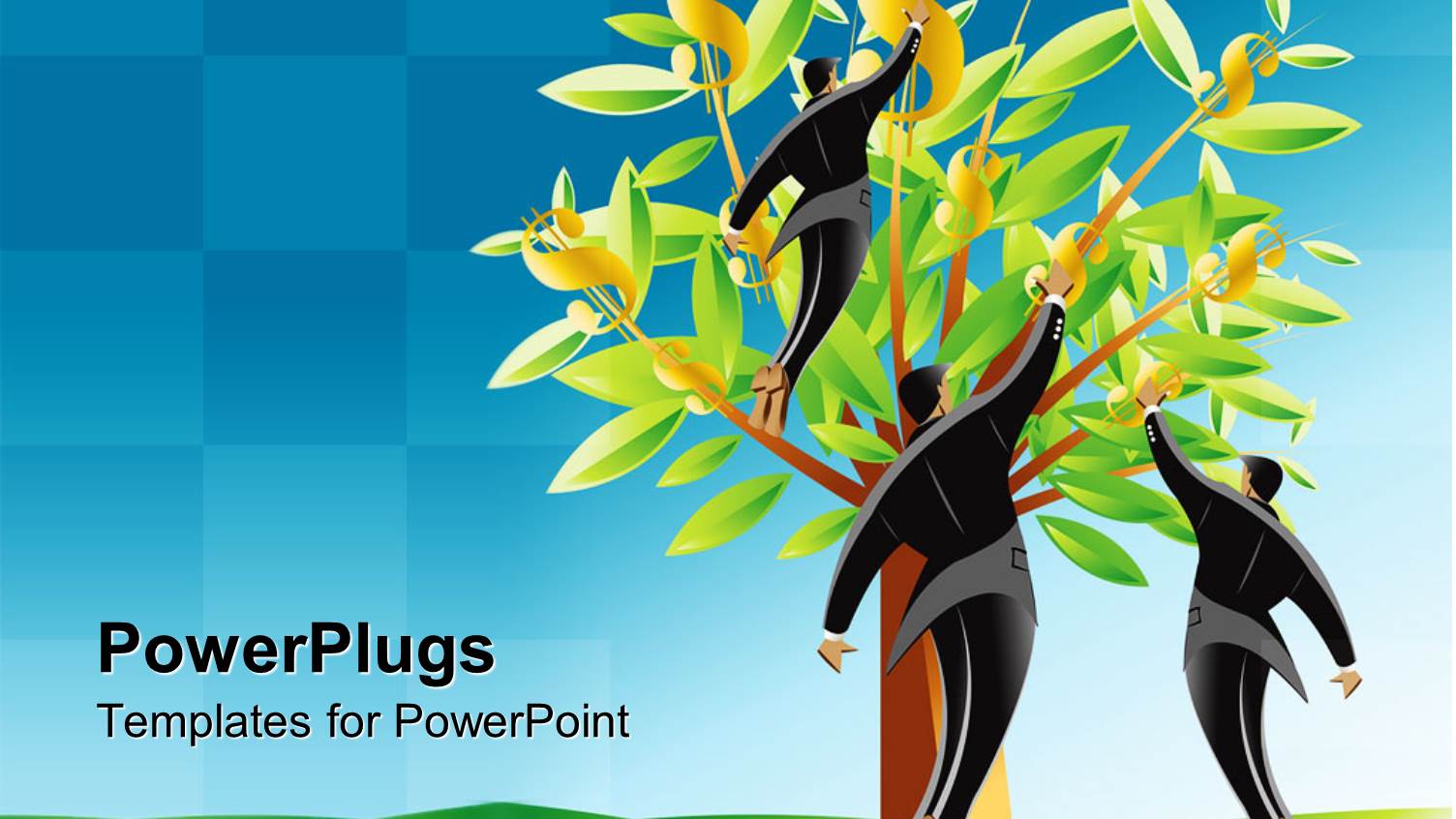 Animated Depiction of Humans Flying Over a Tree with Dollar Signs