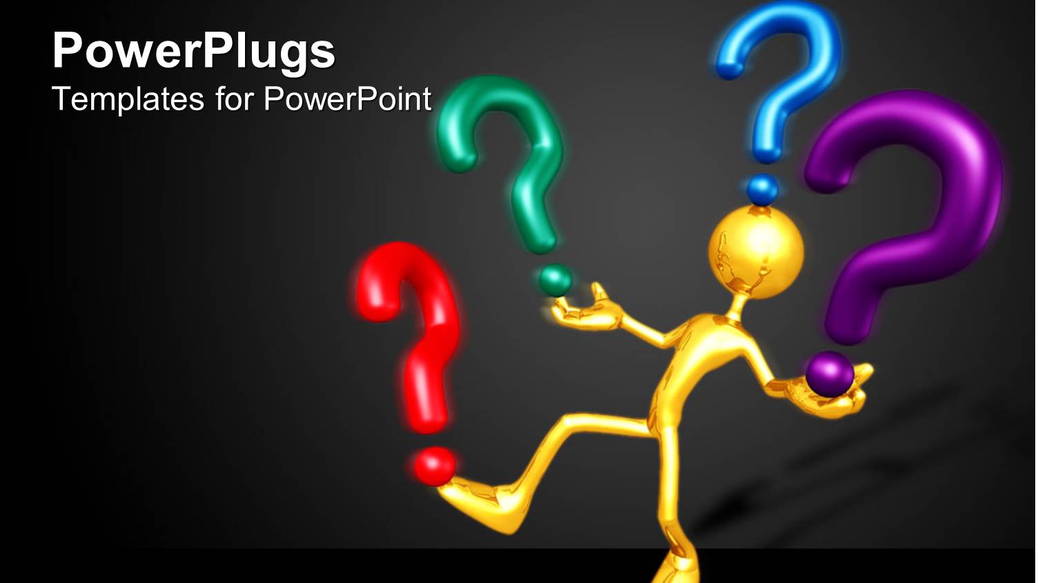 Animated Golden Human Figure Balancing Four Colorful Question Marks