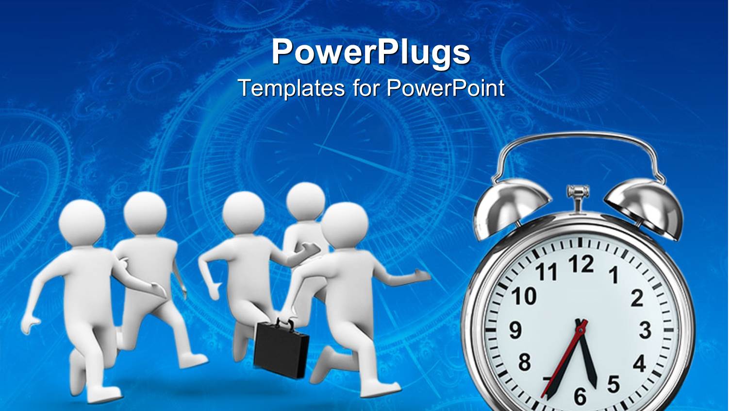 Animated White Human Figures Running Towards an Alarm Clock