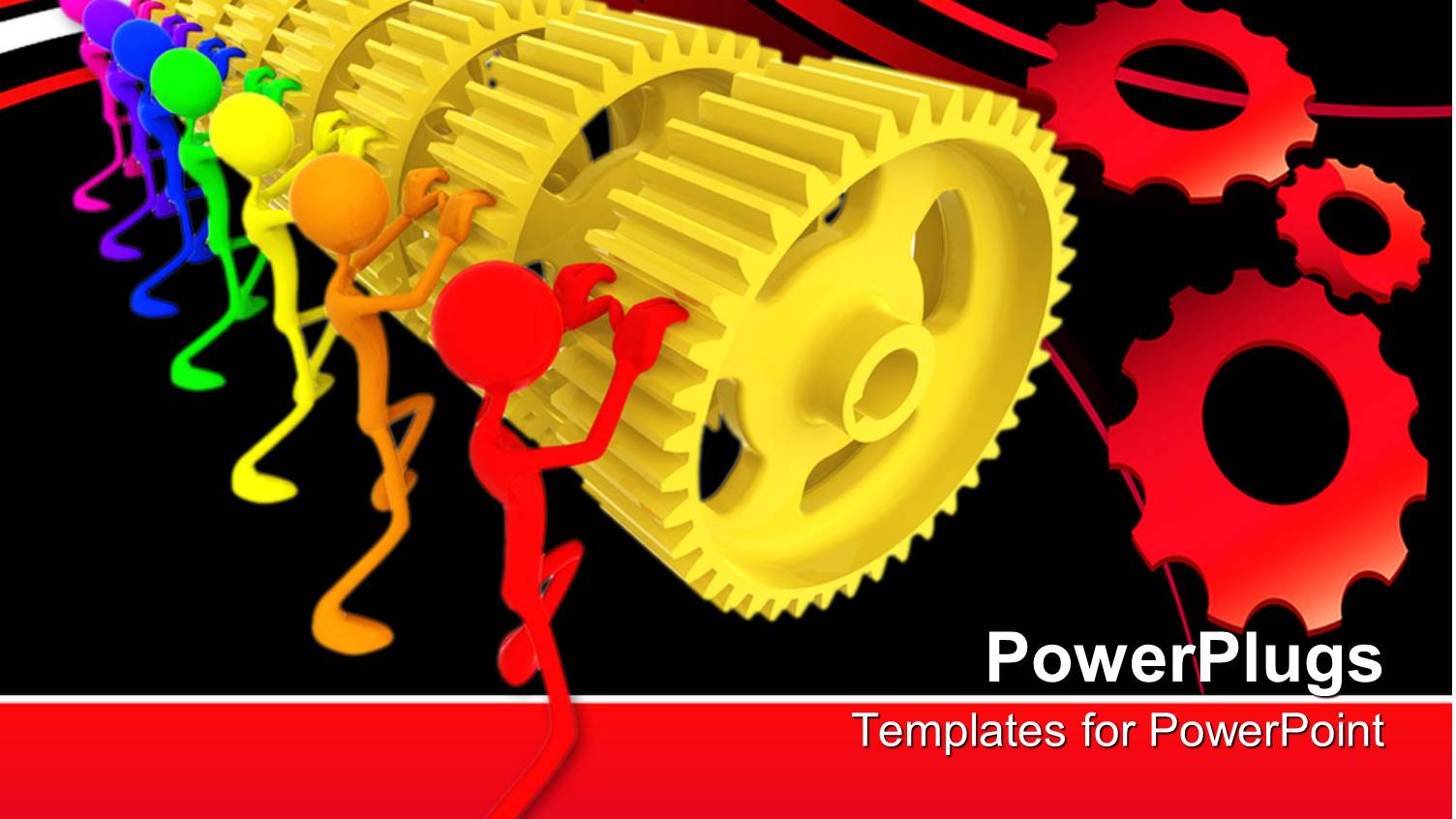 Animation of Seven Humans Pushing Gold and Red Gears