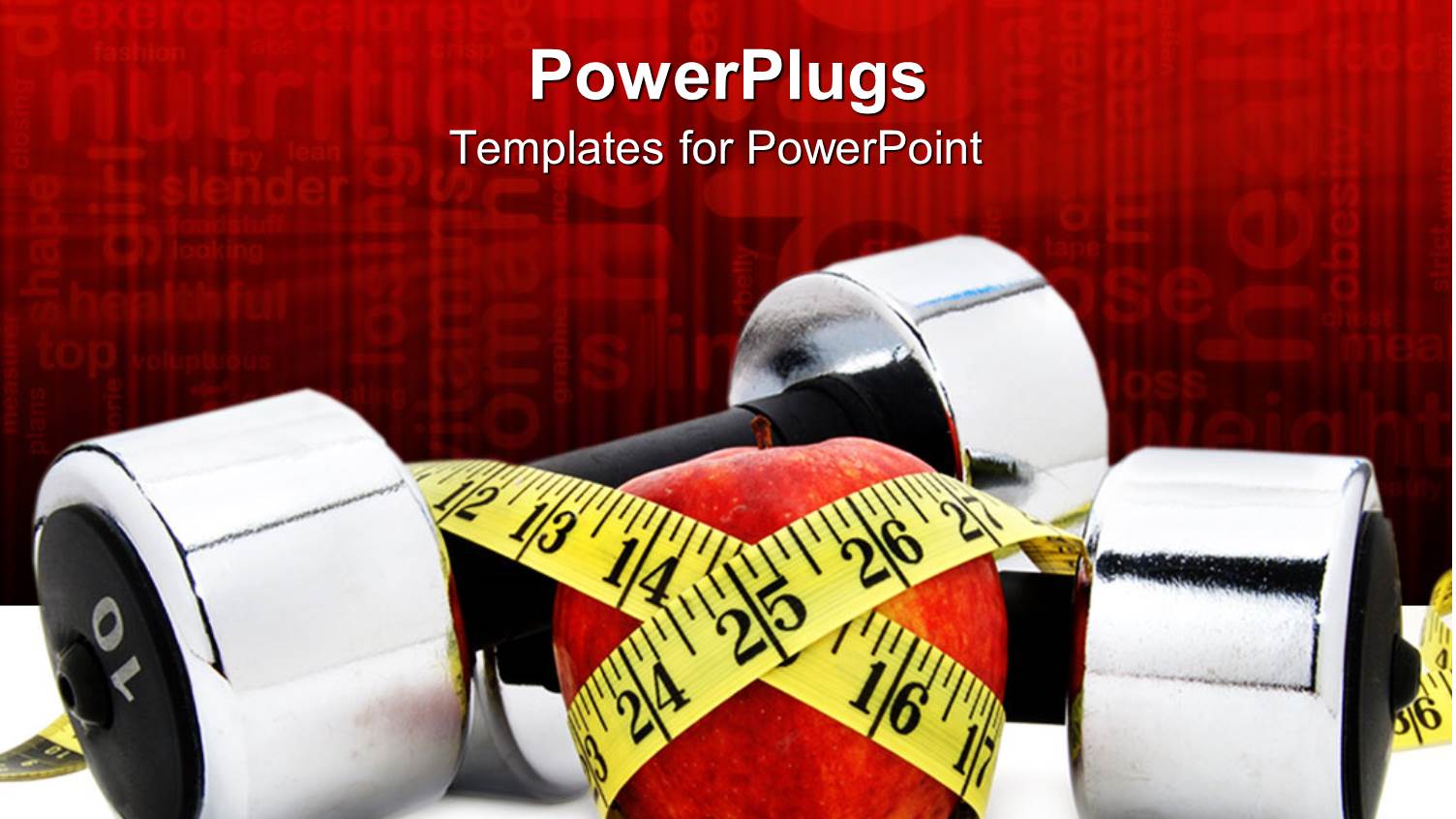 Apple Covered in Yellow Tailoring Measuring Tape with Hand Weighs on White Ground and Diet Related Words Printed on Red