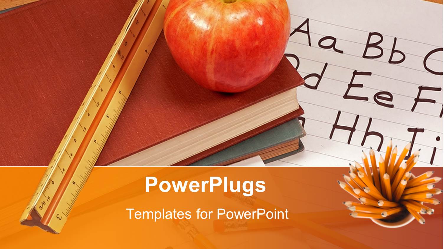 Apple and Ruler on Stack of Books Placed on Paper with Alphabets