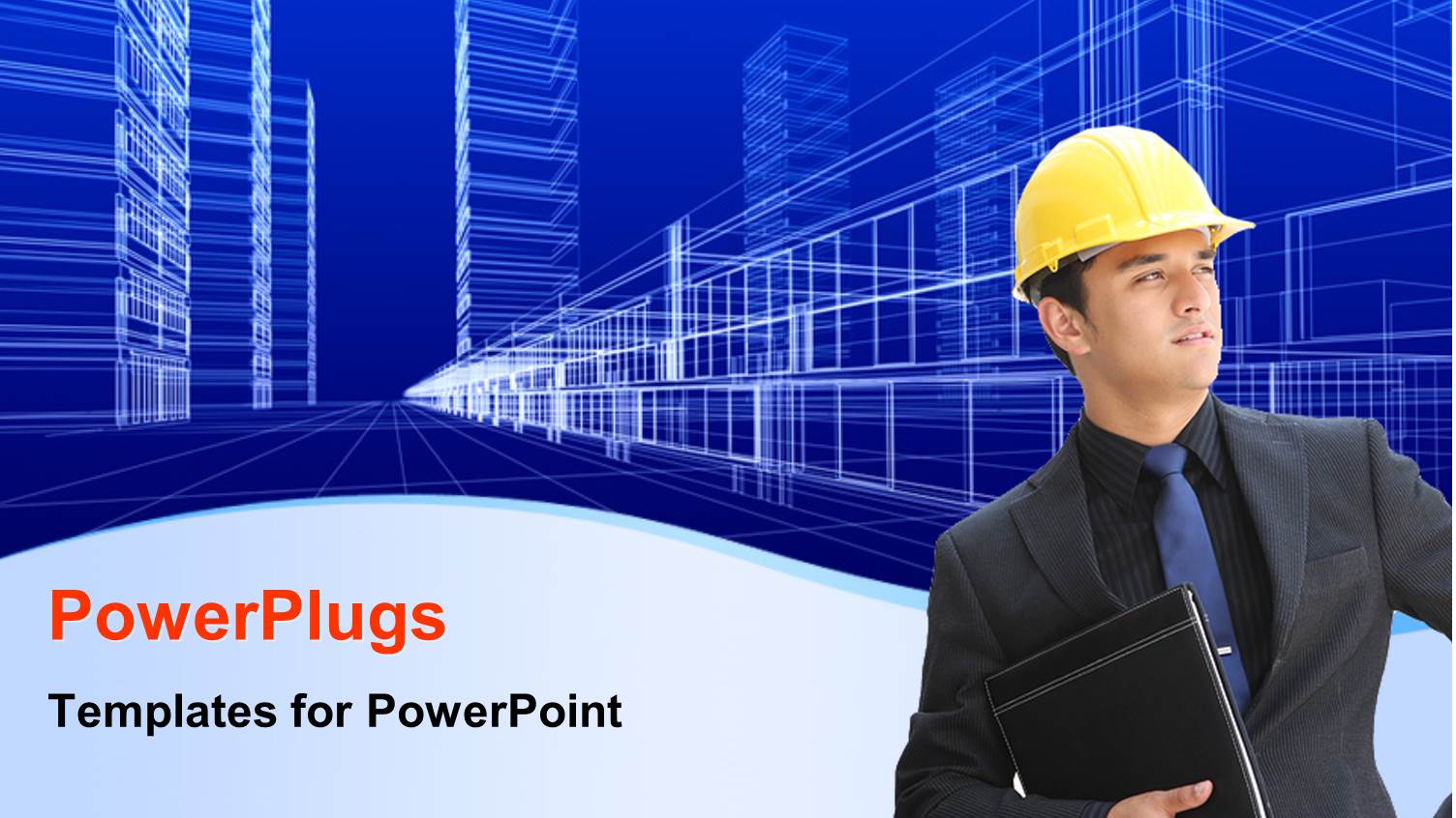 Architect with Notes and Protective Helmet with Wire Frame of Office Buildings 