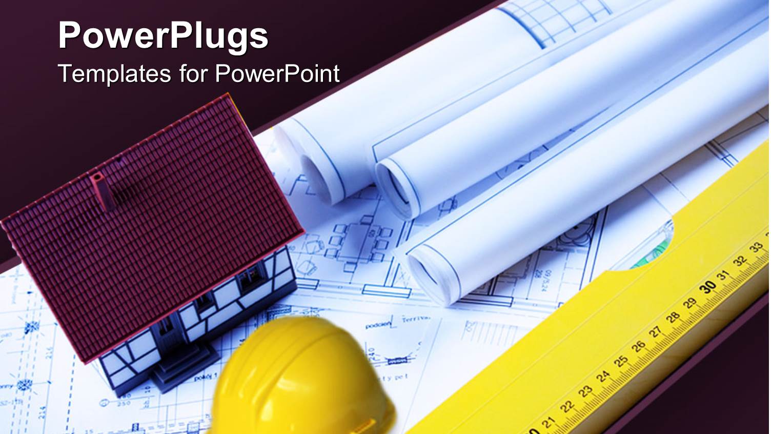 Architect Real Estate Theme with House, Hardhat, Liner, Plans and Papers on Blueprint on Gradient Purple Background