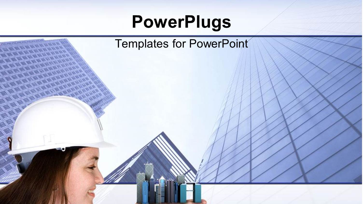 Architect Woman with Hard Hot Holding Buildings, Skyscraper Background