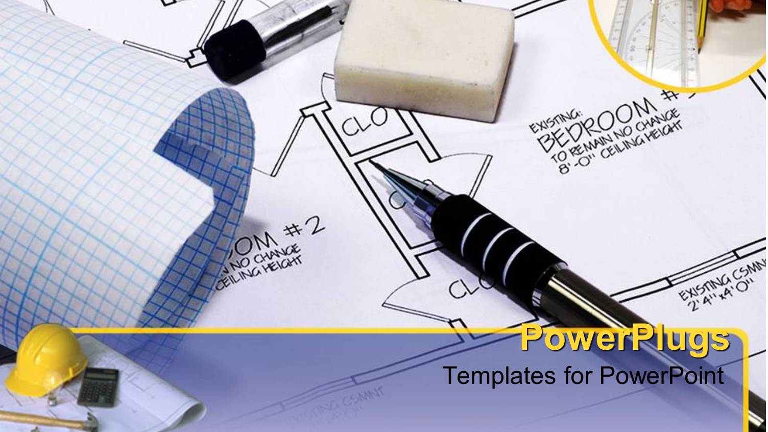 Architecture and Construction Theme with Designer Hand, Construction Tools, Yellow Hardhat, Hammer, Calculator,