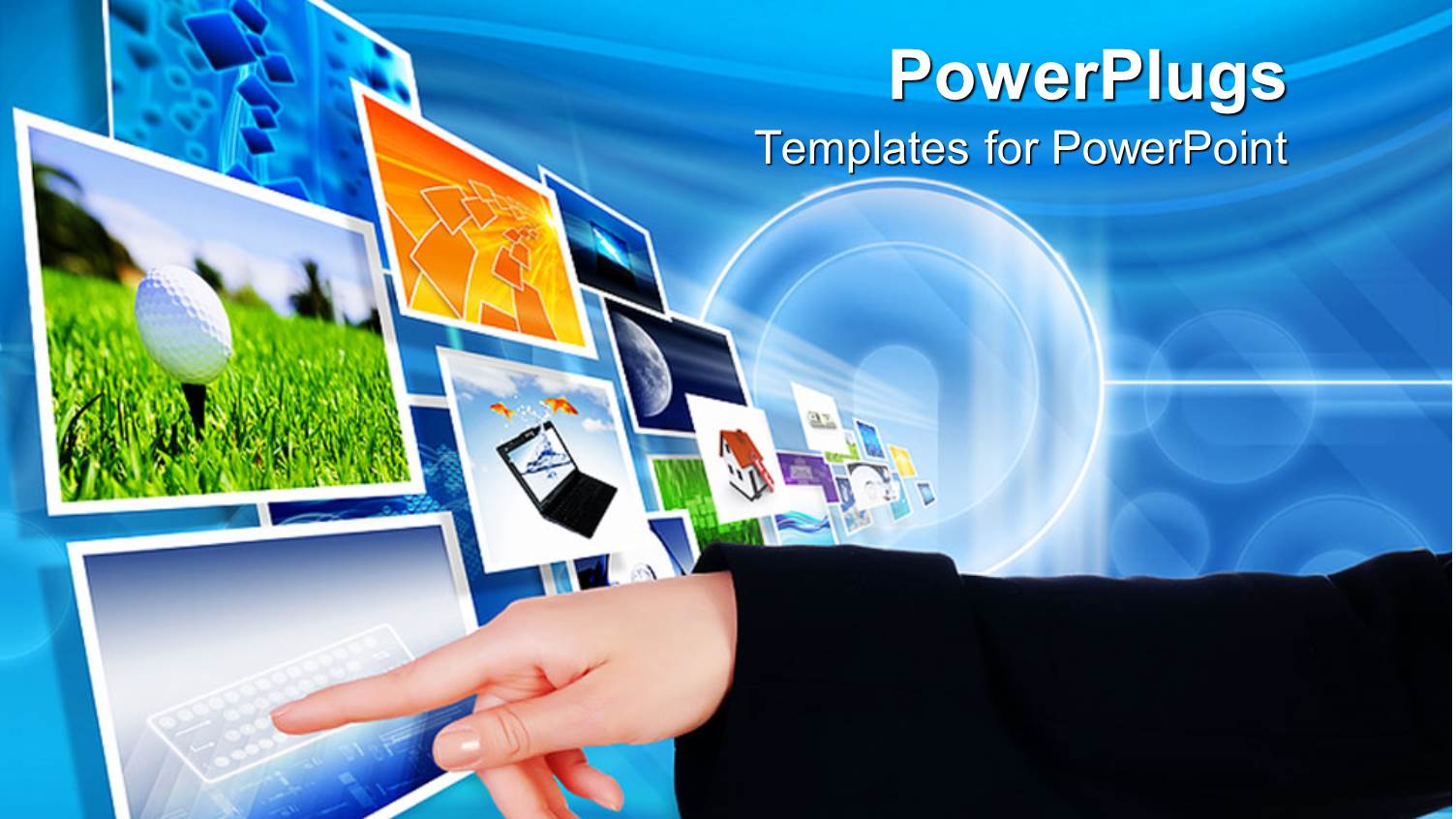 Arm with Finger Pointing to Screens Flying into the Distance, Technology,