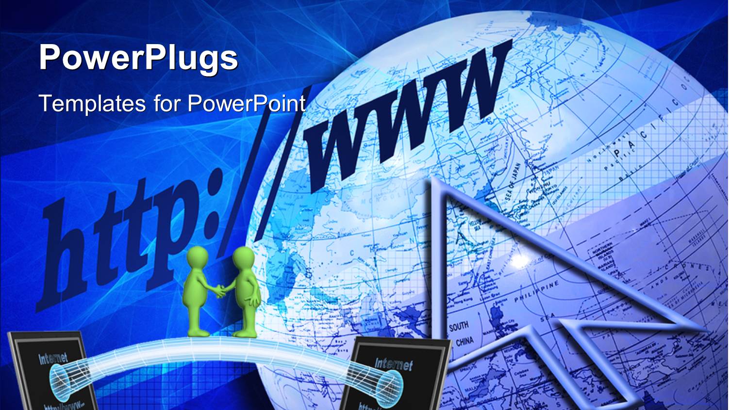 an Arrow with a large Globe and Two Open Laptops