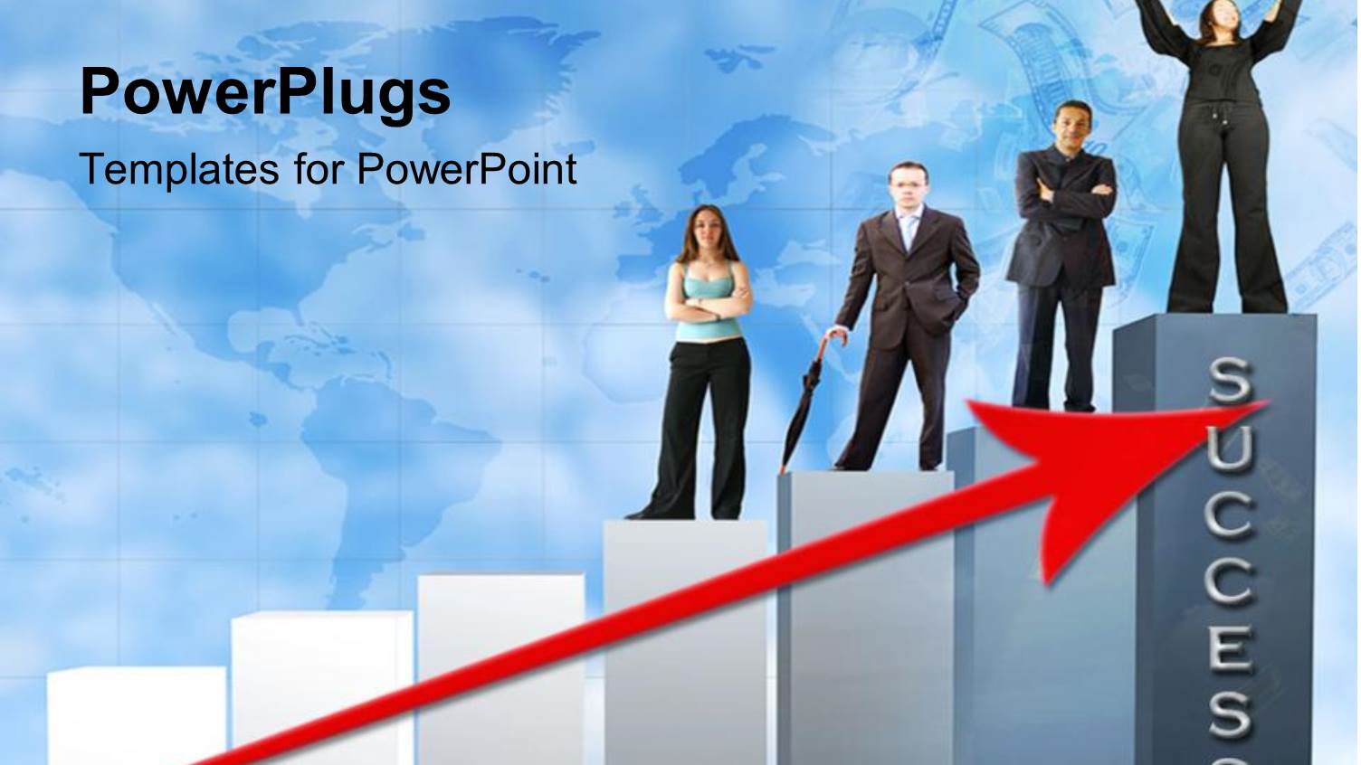 Ascending Bar Chart with a Red Arrow and People Standing on it