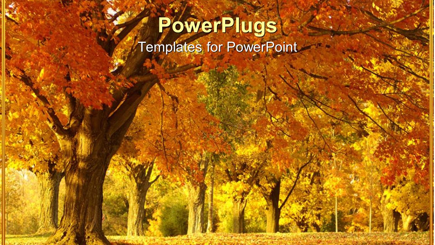 Autumnal Depiction of Forest Trees with Yellow and Rusty Grass and Orange Leaves