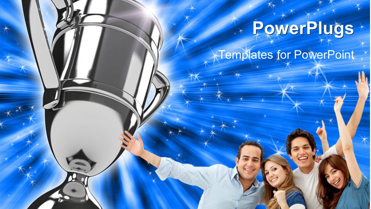 Award Winning Group Points to Silver Trophy on Sparkling Blue Background