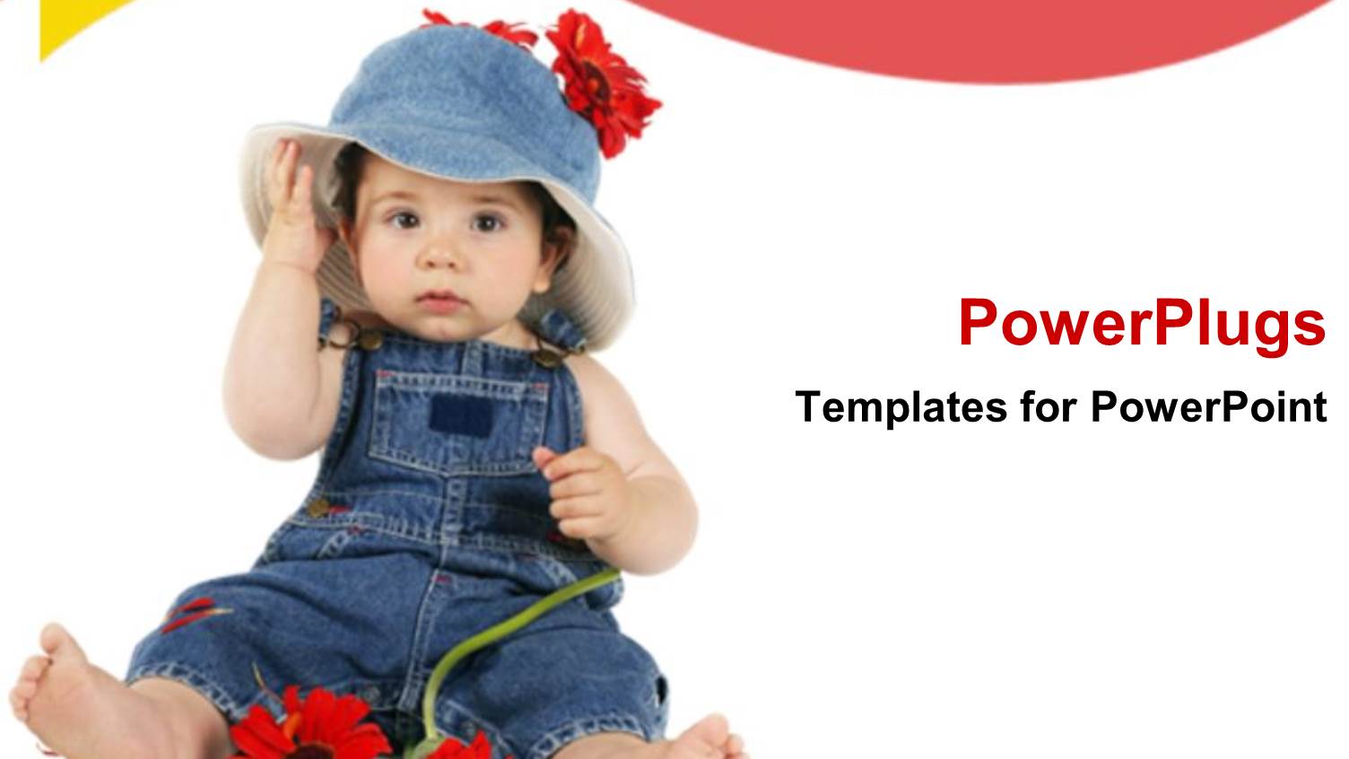 Baby Dressed in Denim Plays with Flower on White Background