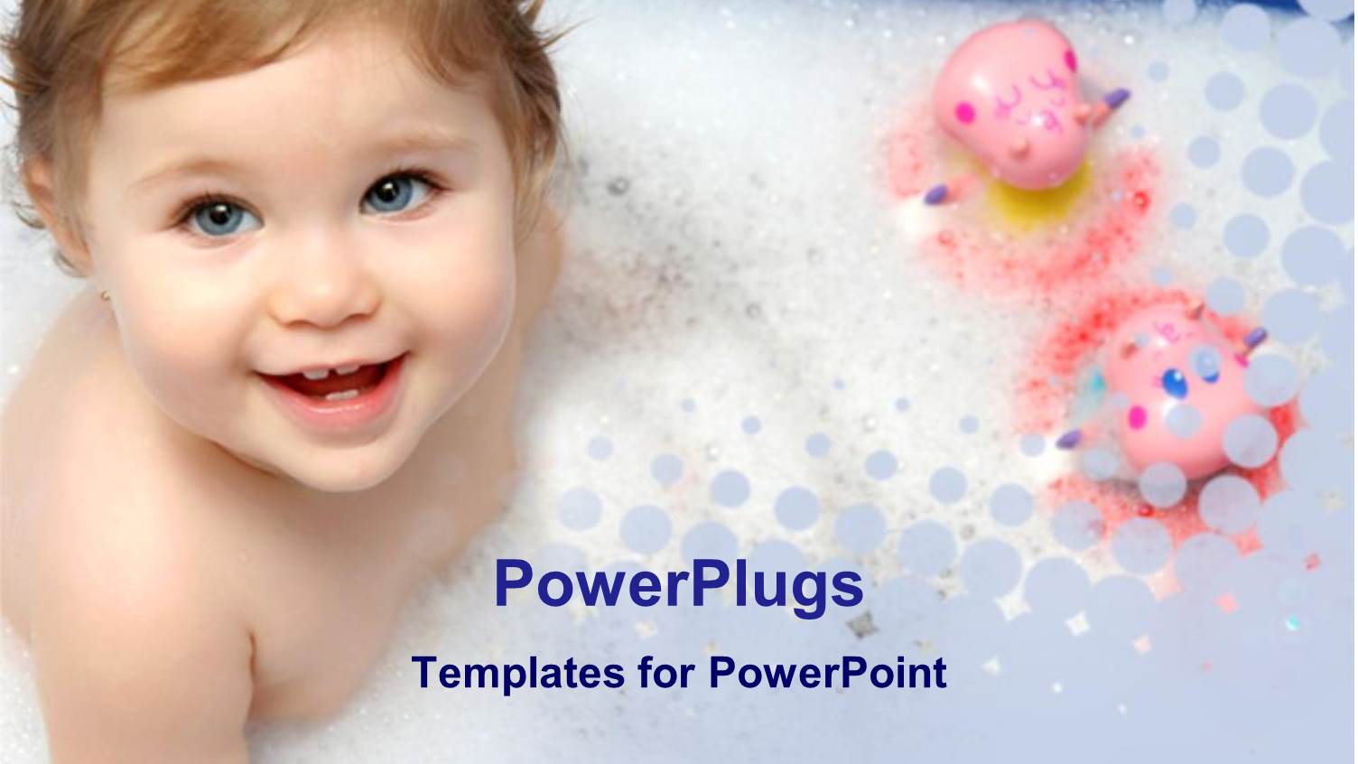 Baby Girl Smiling in Bathtub with Two Pink Toys