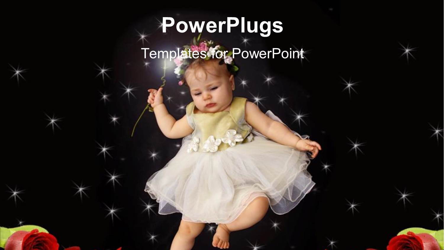 Baby Girl in White Fair Dress with Flowered Head Band on Starry Black Background and Roses