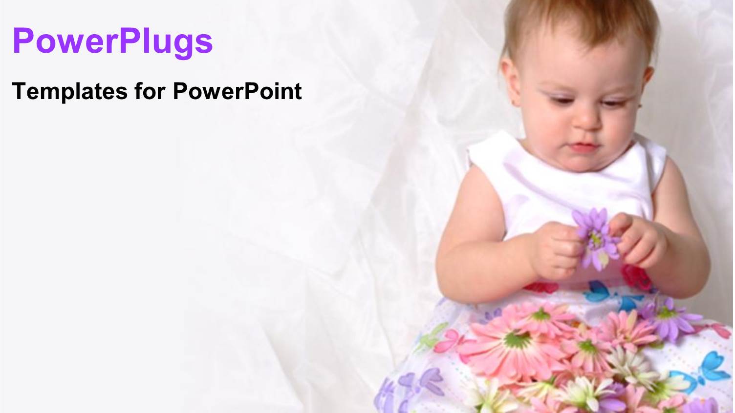 Baby Girl in White Floral Dress Playing with Purple Flower on Pink Background