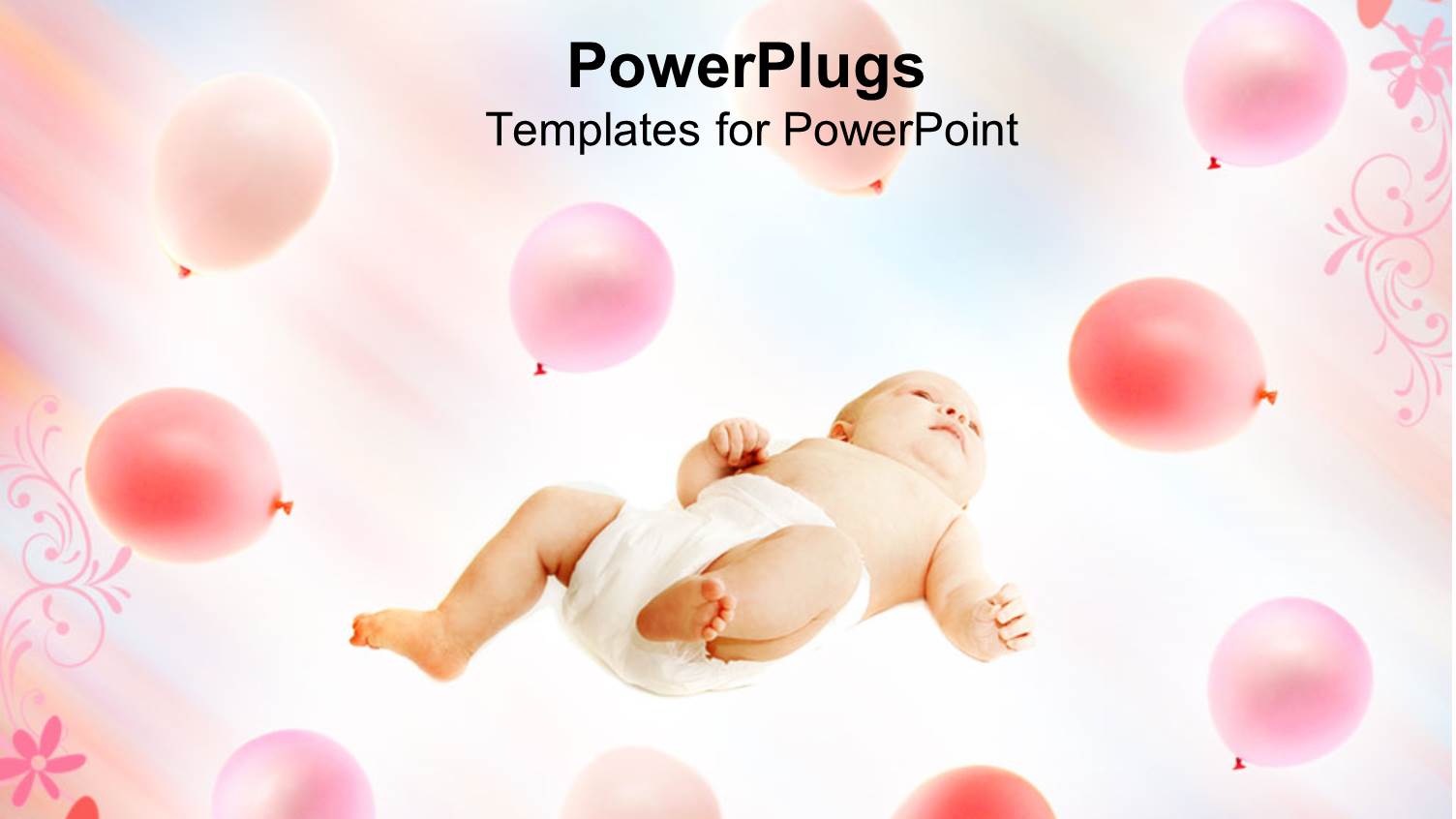 Baby Laying on his Back Surrounded by Pink Balloons and Floral Pattern Over Bright Background