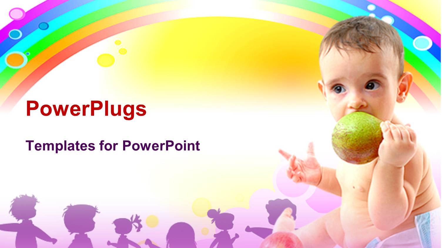 Baby Seated Eating Fruit with Rainbow and Kid Figures in Background