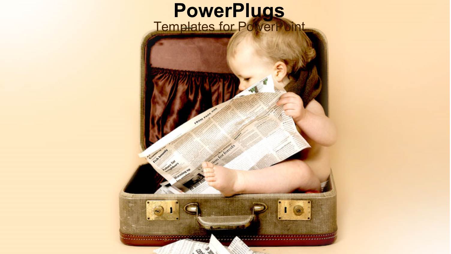 Baby Sitting in Suitcase Reading Newspaper on Pale Background, Starting Early, Infant