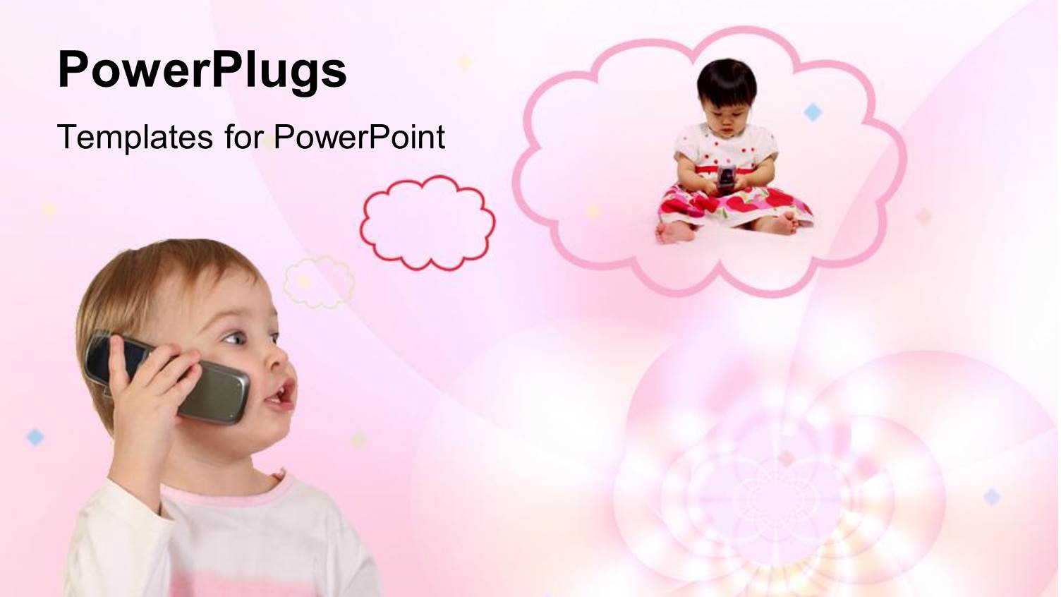 a Baby Talking into a Phone with a Thinking Cloud Displaying Another Baby