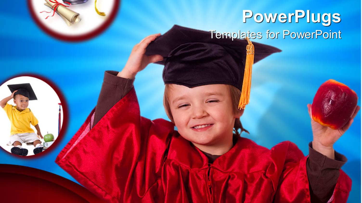 Baby Wearing a Red Colored Graduation Gown and Cap Holding an Apple