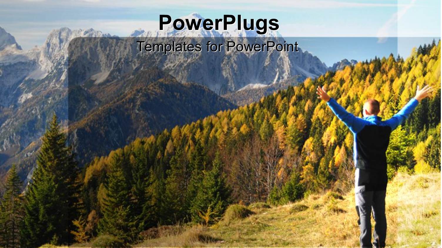 Back of Man with Wide Open Hands on Top of Mountain Looking at Trees Forest Mountains