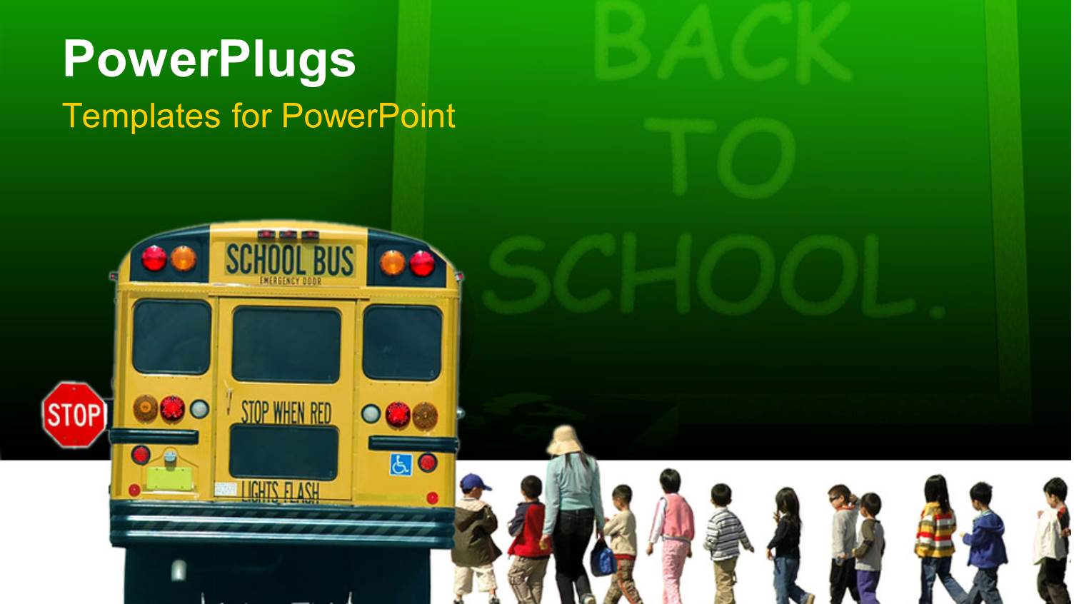 Back to School on Green Chalkboard with School Bus and Pupils with Teacher Going to Bus