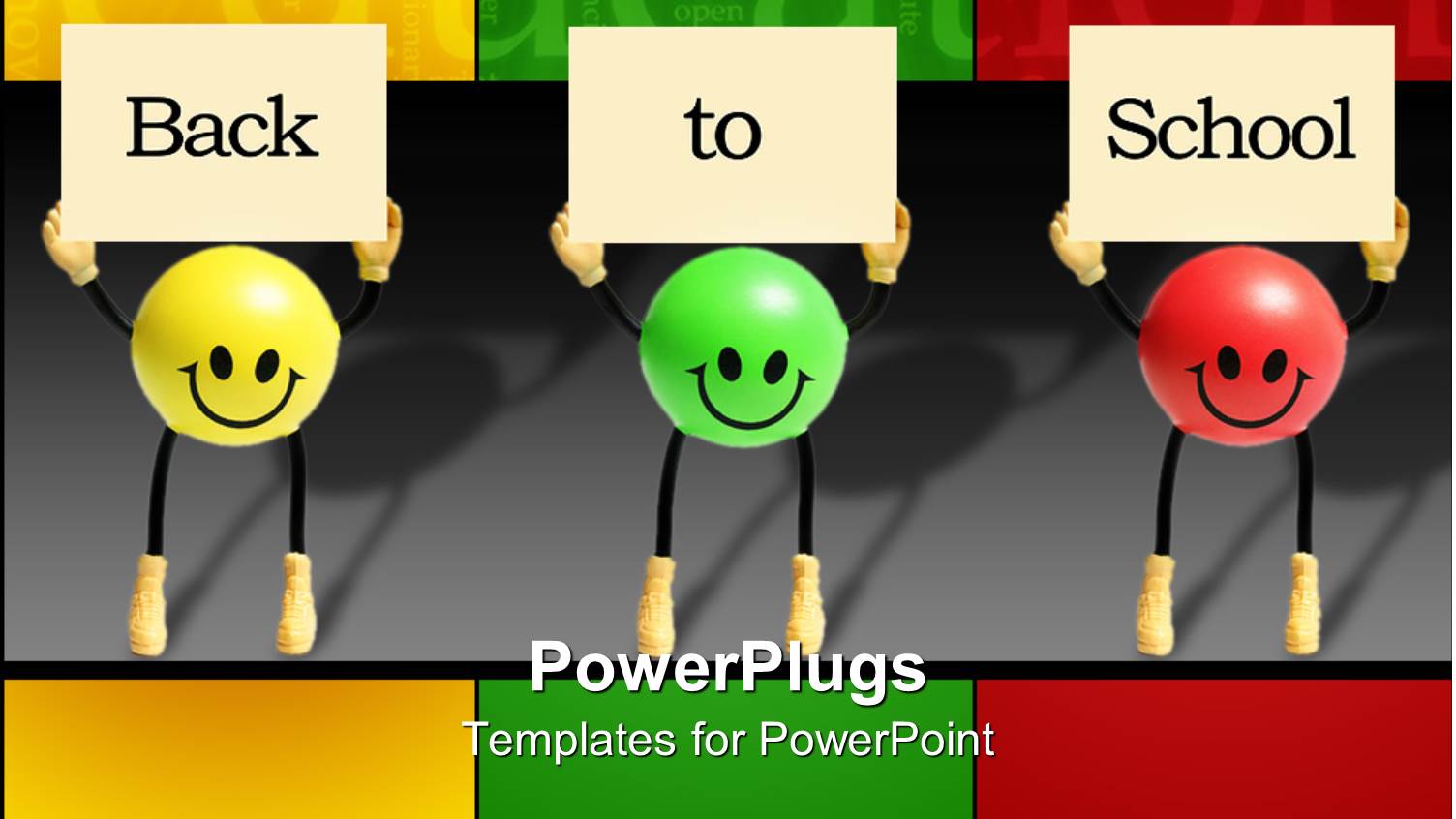 Back to School with Green, Yellow and Red Smiley Balls Holding Signs, Education, Teaching