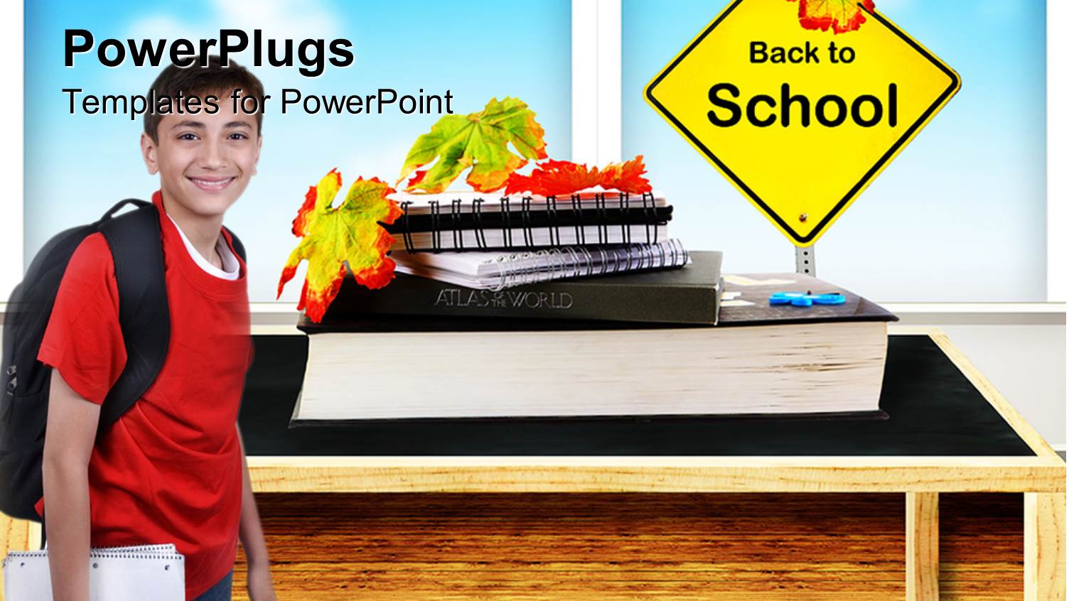 Back to School with Student Wearing Backpack, Fall Leaves, Stack of Books, Education