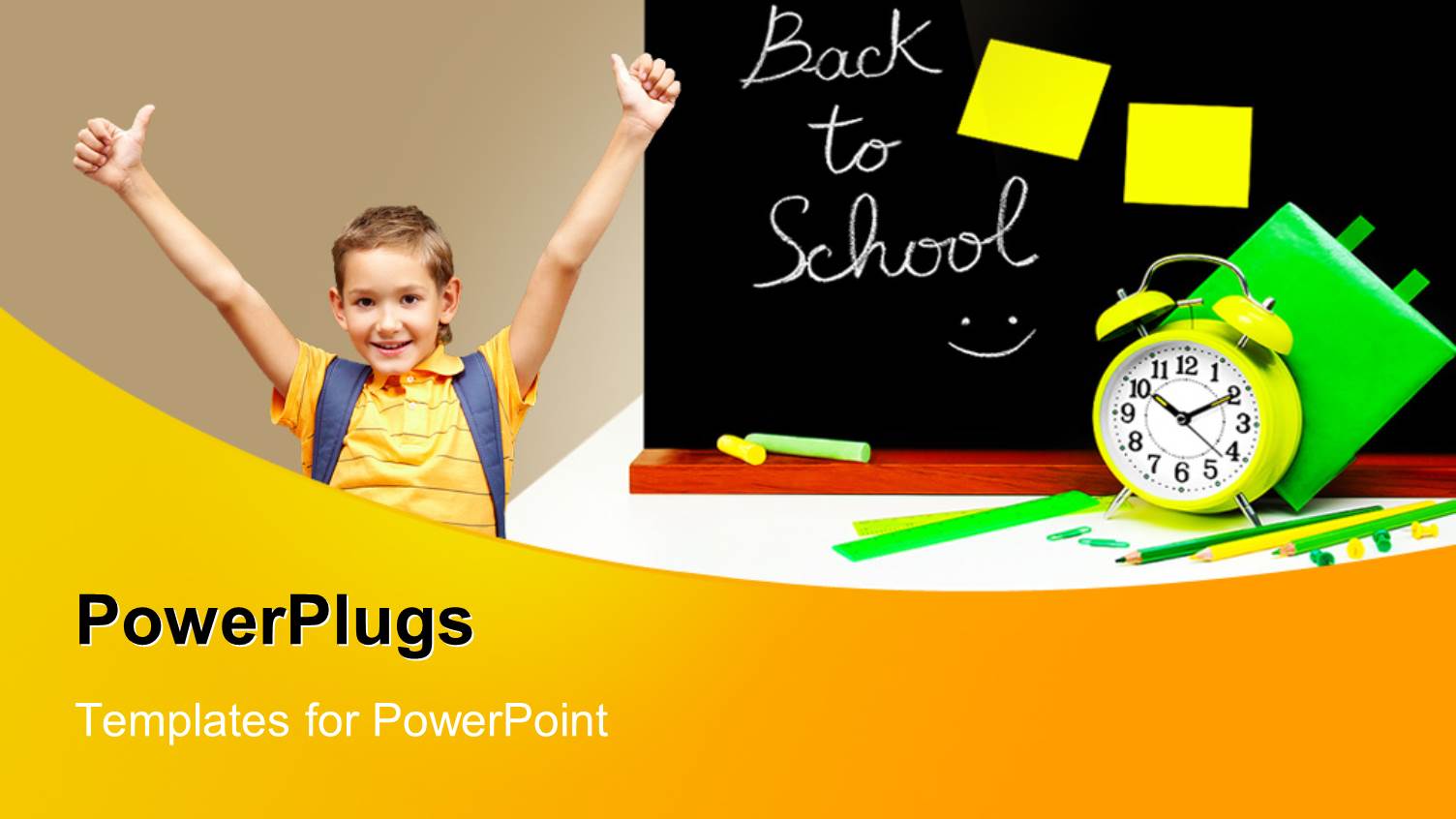 Back to School Theme with Child Boy Student Celebrating, Blackboard, Alarm Clock, Pencils, Ruler, Chalk, Education,