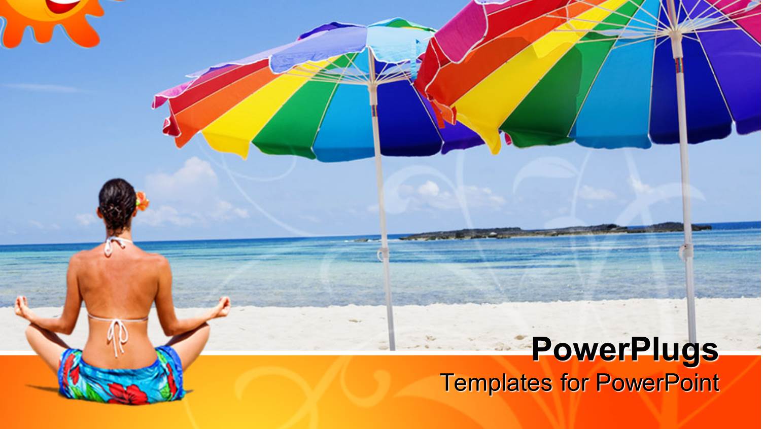 Back of Woman Doing Yoga on a Beach with Two large Colorful Umbrellas and Happy Sun Wearing Sunglasses