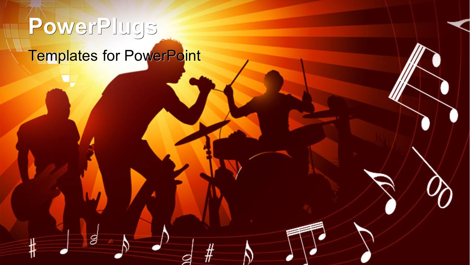 Band Playing Music with Drums, Guitar to a Crowd of Fans with Music Symbols in Foreground