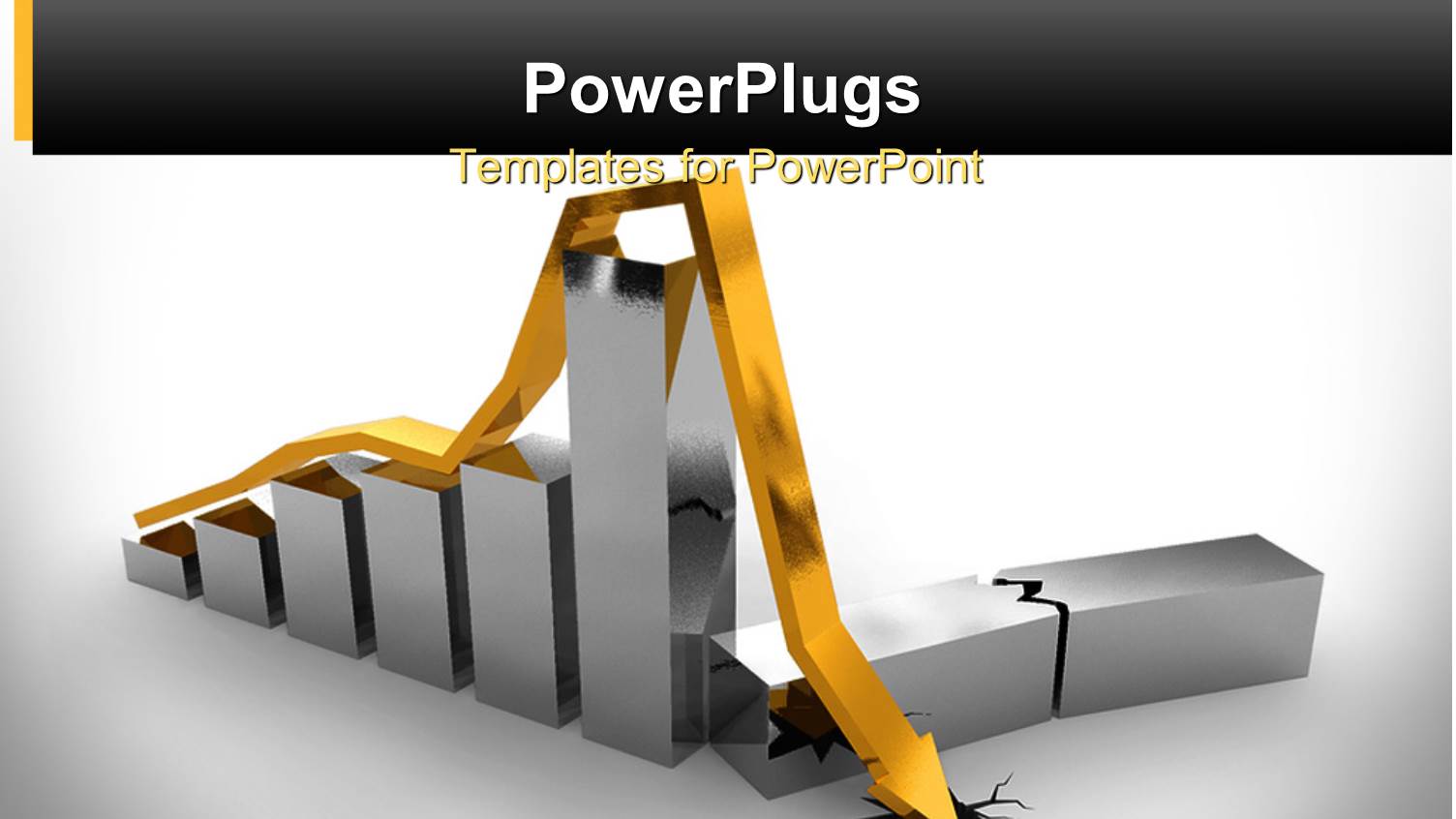 Bar Chart Crashing Depicting Financial Crisis with Golden Arrow Piercing White Surface 