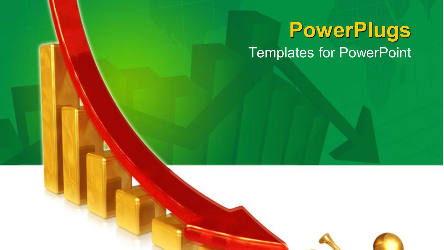 Bar Chart with Falling Red Arrow Knocks Over Gold Figure
