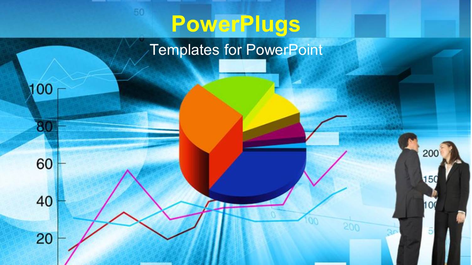 Bar Chart, Line Graph, Pie Graph, Man and Woman Shaking Hands