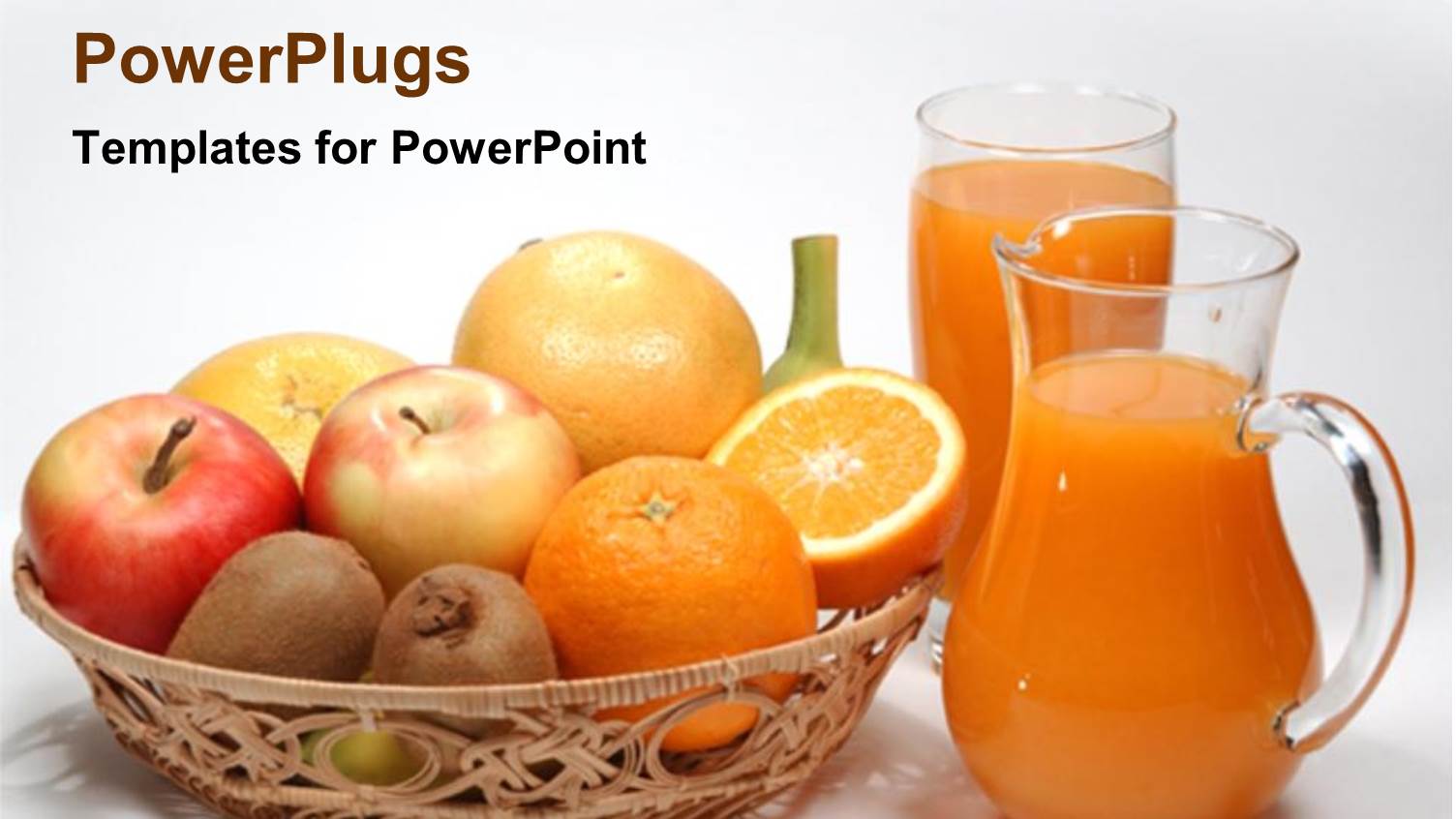 Basket of Kiwis, Orange and Apple Fruit with Pitcher of Juice and Glass, Nutrition