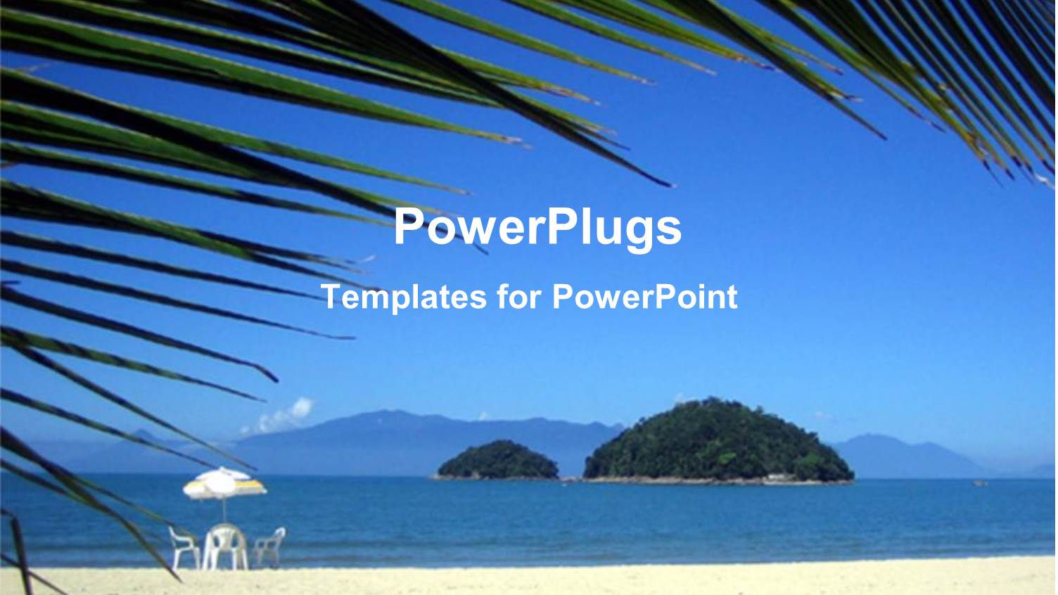 Beach Landscape with Table, Chairs and Umbrella, Palm Fronds, Islands, Vacation, Holiday, Tropical Paradise