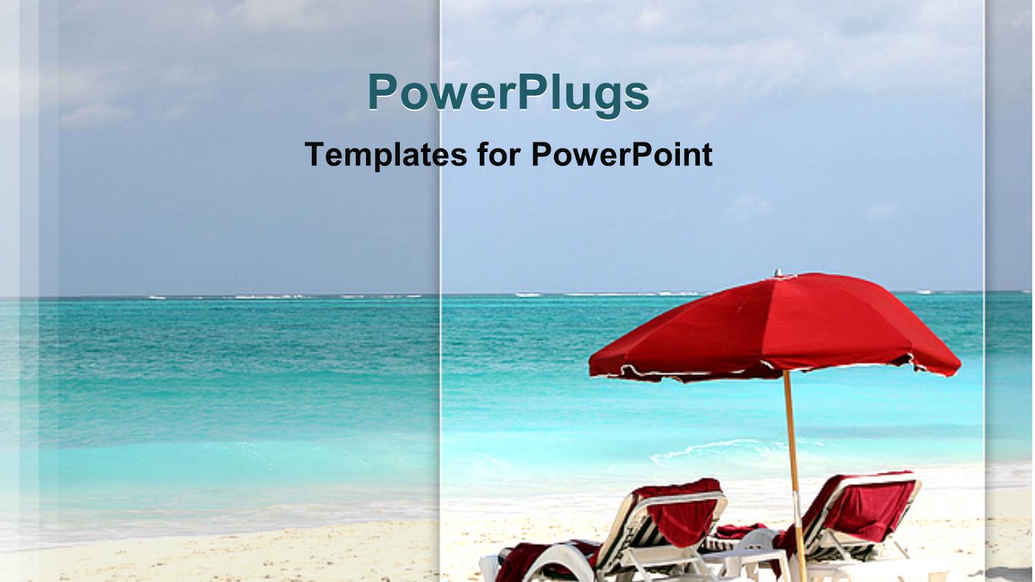 Beach Scene with Red Lounge Chairs and Umbrella, Travel, Vacation, Holiday