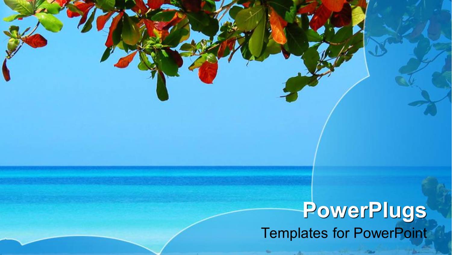 Beach Setting with Tree Branch, Colored Tree Leaves, Sand and Ocean Water