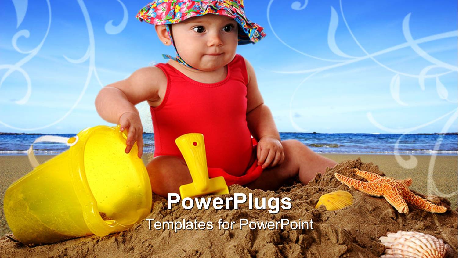 Beautiful Baby with Colorful Hat Plays in Beach Sand with Colorful Toys