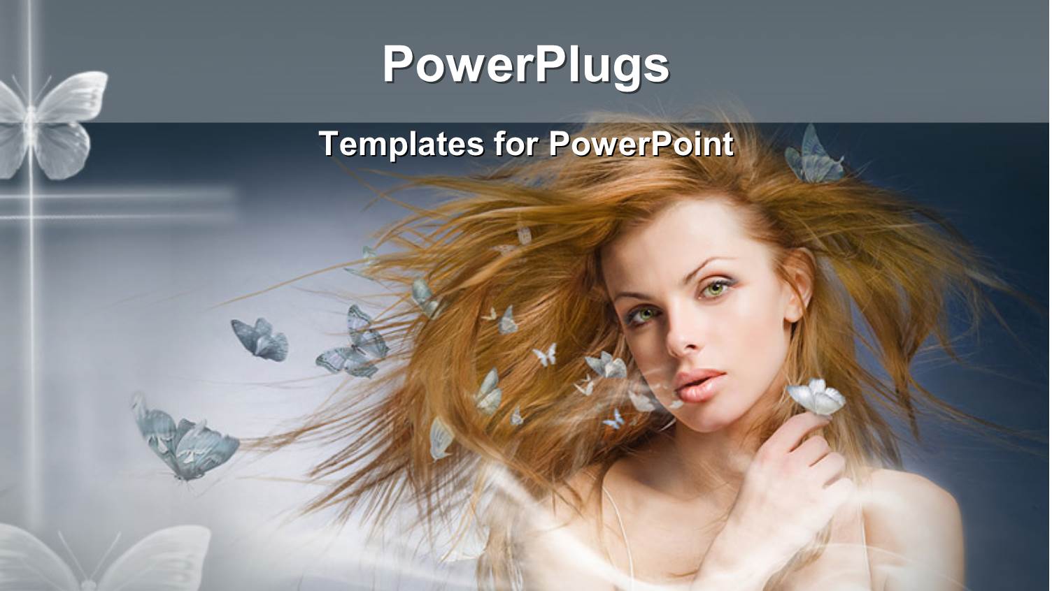 Beautiful Blonde Lady with White Butterflies Over Grey Background