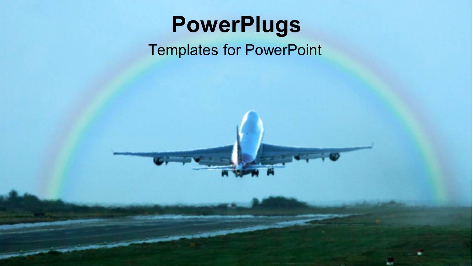 a Beautiful Depiction of an Airplane Taking off with a Rainbow in the Background