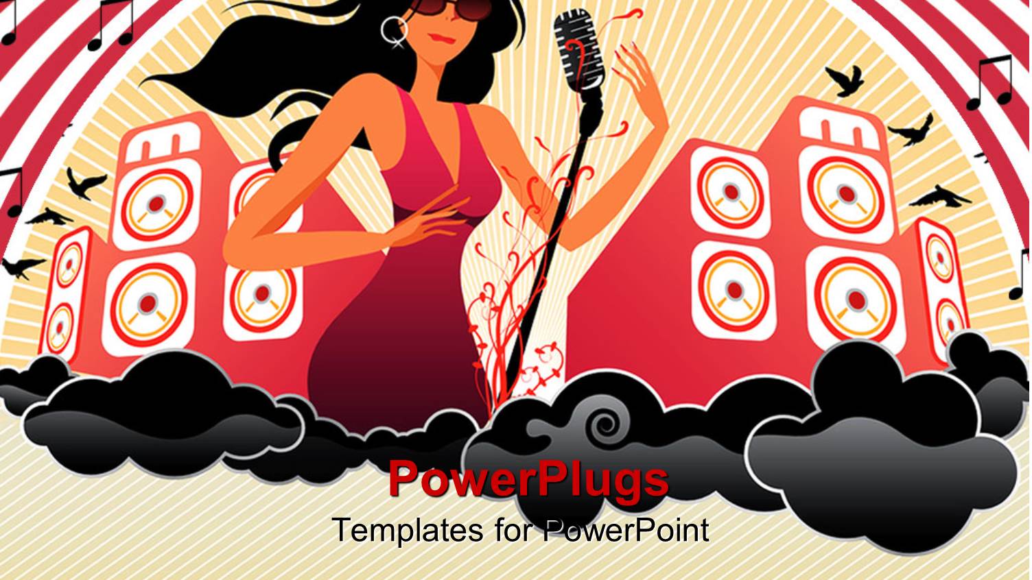 Beautiful Female Musician with Mic and huge Speakers in Background